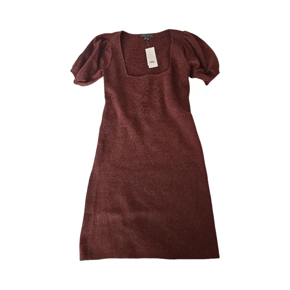 NWT French Connection Jaida Square Neck Puff Sleeve Sweater Dress Brown Ribbed - Picture 9 of 12